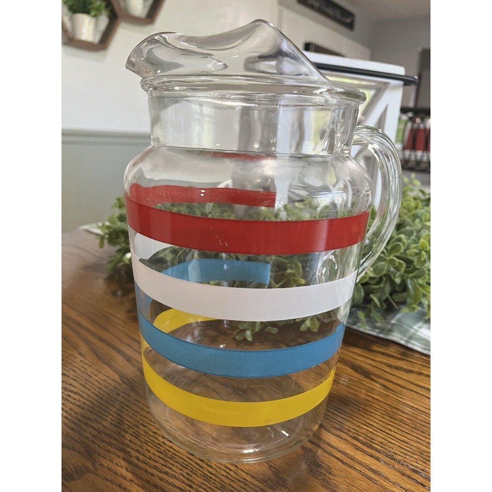 Vintage Color Striped Clear Glass 2-QT Pitcher Cold Drinks Mid Century Modern